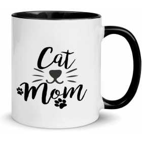 Cana alba din ceramica, cu toarta neagra, cu mesaj pentru iubitoarele de pisici, Cat Mom, 330 ml